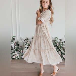 Jessakae Wandering Willoughby Smocked Dress M tan orange dainty flowers